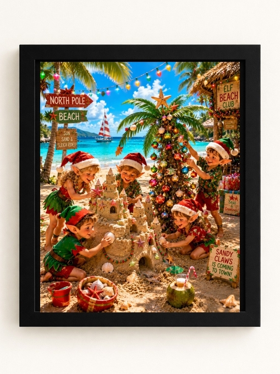 Hand Crafted Other - Holiday Beach Elves 8x10 Framed A.I. Art Print